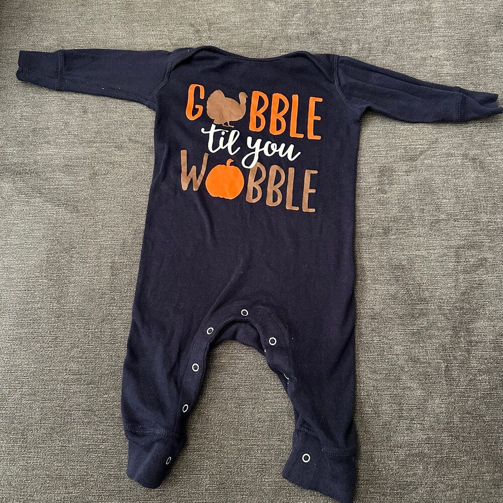 Small Shop Gobble Til you Wobble Thanksgiving infant one piece outfit sz 12 mos